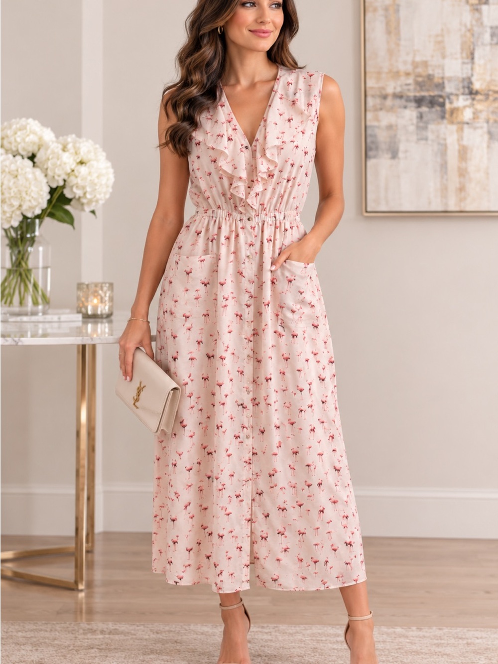 Ted Baker Blush Pink Floral Ruffle-Front Midi Dress